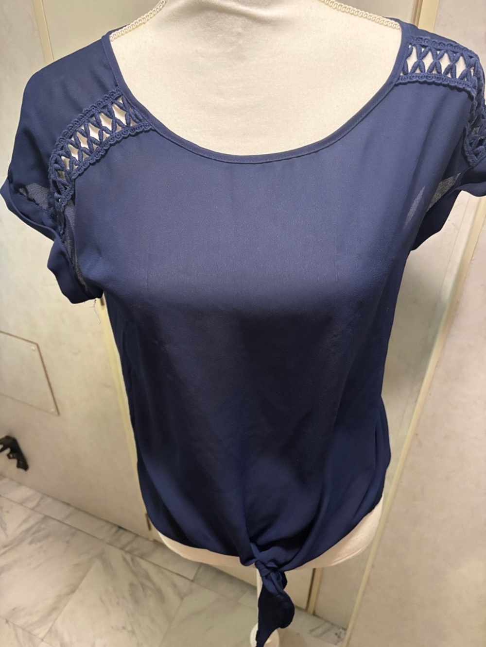 Women’s Navy Tie-Front Short Sleeve Blouse with Crochet Shoulders